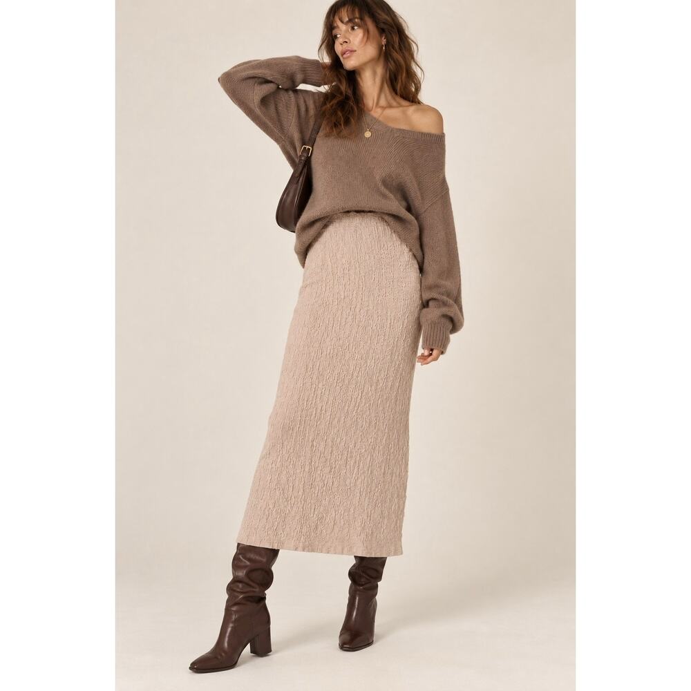 All:Row Blush Beige Popcorn Textured Midi Skirt M Minimalist Neutral Boho Fall